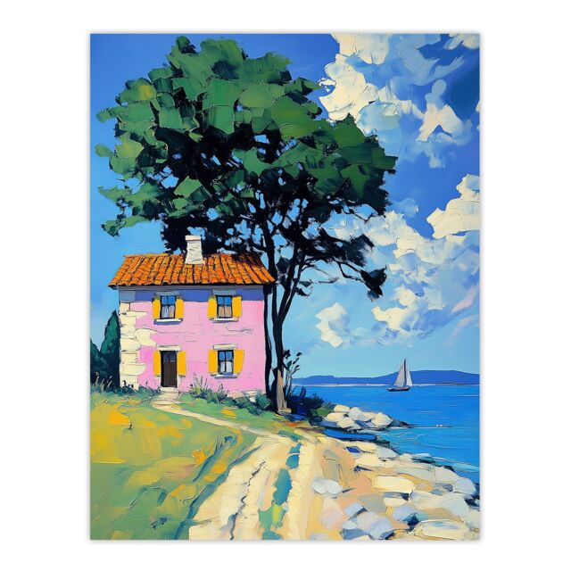 "Artery8 Pink Village Cottage Coastal Greece Landscape Wall Art Print in Blue - Size: W18"" x H24""" - image 1