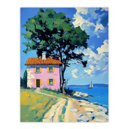 "Artery8 Pink Village Cottage Coastal Greece Landscape Wall Art Print in Blue - Size: W18"" x H24""" - thumbnail 1