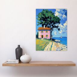 "Artery8 Pink Village Cottage Coastal Greece Landscape Wall Art Print in Blue - Size: W18"" x H24""" - thumbnail 4