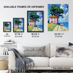 "Artery8 Pink Village Cottage Coastal Greece Landscape Wall Art Print in Blue - Size: W18"" x H24""" - thumbnail 3