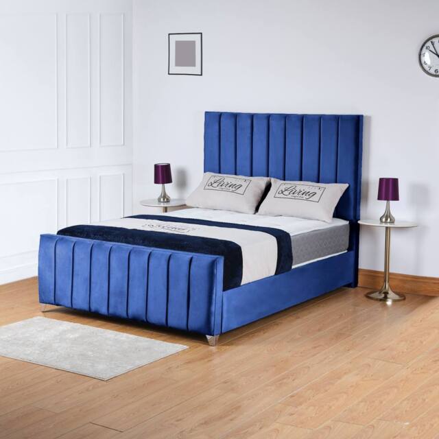 UK Bed Furniture Lisburn Slatted Base Upholstered Bed with 48 Inch Headboard in Blue - Size: Super King - image 1