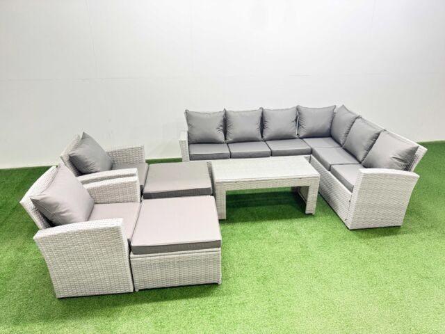 Fimous Rattan Furniture Set 7 Pieces Outdoor Sofa Coffee Table Set 2 Chairs in Light Grey - image 1