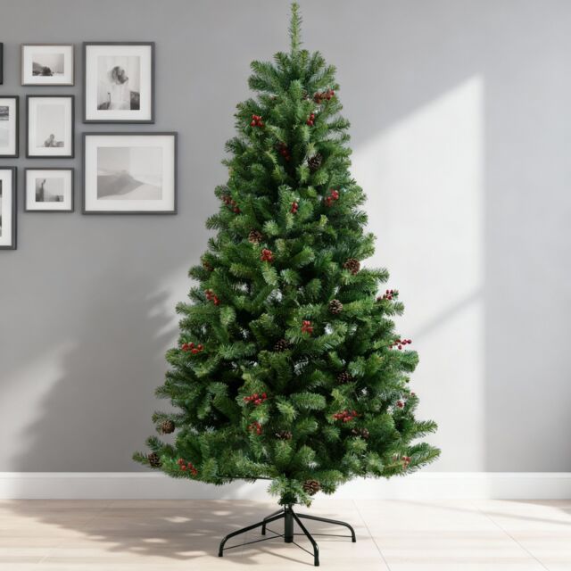 Shatchi Artificial Christmas Tree Maryland Fir Green Tips Red Berries & Pine Cones Xmas Home Decorations Metal Stand, 4Ft