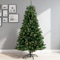 Shatchi Artificial Christmas Tree Maryland Fir Green Tips Red Berries & Pine Cones Xmas Home Decorations Metal Stand, 4Ft - thumbnail 1