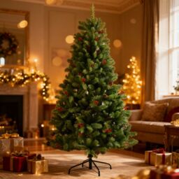 Shatchi Artificial Christmas Tree Maryland Fir Green Tips Red Berries & Pine Cones Xmas Home Decorations Metal Stand, 4Ft - thumbnail 6