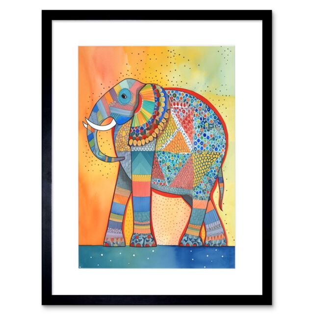 "Artery8 Wall Art Print Elephant With Geometric Patterns Folk Art Watercolour Painting Artwork Framed 9X7 Inch in Black - Size: W7"" x H9""" - image 1