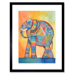 "Artery8 Wall Art Print Elephant With Geometric Patterns Folk Art Watercolour Painting Artwork Framed 9X7 Inch in Black - Size: W7"" x H9""" - thumbnail 1