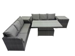Fimous Rattan Garden Furniture Dining Set 6-seater with 2 Side Table in Dark Grey - thumbnail 1