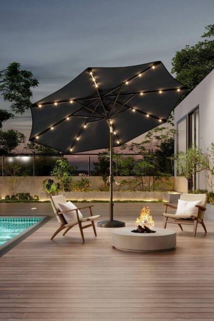 Garden Sanctuary 3m Patio Outdoor Crank Parasol Solar 24 LED Lights with Resin Base in Dark Grey - image 1