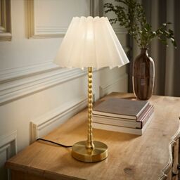 ValueLights Maeve Scallop Pleated Tapered Shade Brushed Gold Bobbin Table Lamp with LED Bulb in White