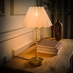 ValueLights Maeve Scallop Pleated Tapered Shade Brushed Gold Bobbin Table Lamp with LED Bulb in White - thumbnail 3