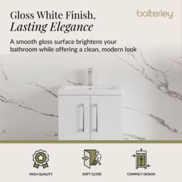 Balterley Bathroom Vanity Basin Unit, Chrome Handles, 600mm, Gloss White - thumbnail 3