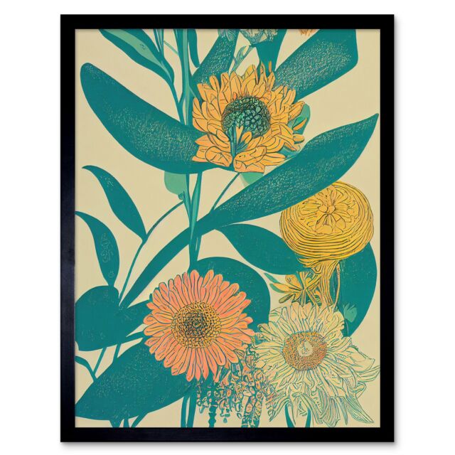 "Artery8 Wall Art Print Marigold Daisy Flowers Turquoise Leaves Bright Colourful Abstract Art Framed in Black - Size: W12"" x H16""" - image 1