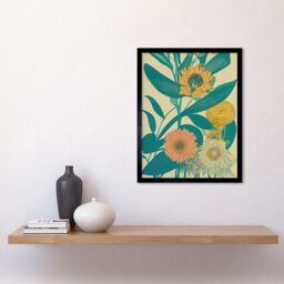 "Artery8 Wall Art Print Marigold Daisy Flowers Turquoise Leaves Bright Colourful Abstract Art Framed in Black - Size: W12"" x H16""" - thumbnail 2