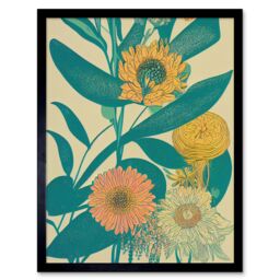 "Artery8 Wall Art Print Marigold Daisy Flowers Turquoise Leaves Bright Colourful Abstract Art Framed in Black - Size: W12"" x H16""" - thumbnail 1