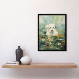 Artery8 Wall Art Print Havanese Dog & Water Lilies Claude Monet Style Oil Painting Art Framed in Black - Size: A4 - thumbnail 4
