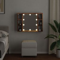 Berkfield Home Mirror Cabinet with LED Old Wood 76x15x55 cm Engineered Wood in Brown - Size: 76 x 15 x 55 cm - thumbnail 4