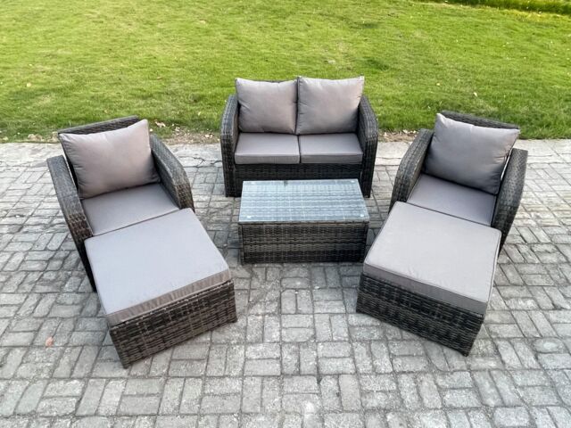 Fimous 6 Seater Garden Furniture Set Rattan Outdoor Lounge Sofa Chair With Tempered Glass Table 2 Big Footstool Dark Grey Mixed - image 1