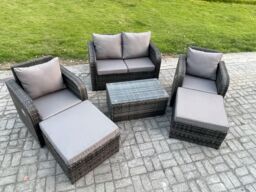 Fimous 6 Seater Garden Furniture Set Rattan Outdoor Lounge Sofa Chair With Tempered Glass Table 2 Big Footstool Dark Grey Mixed - thumbnail 2