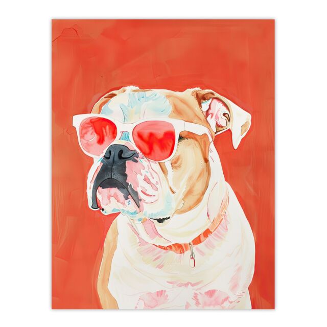 "Artery8 Dog Lover English Bulldog Sunglasses Pop Art Red Wall Art Print - Size: W24"" x H32""" - image 1
