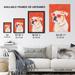 "Artery8 Dog Lover English Bulldog Sunglasses Pop Art Red Wall Art Print - Size: W24"" x H32""" - thumbnail 3
