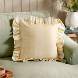 Wylder Birdie Stripe 100% Cotton Ruffle Cushion in Bright Yellow - Size: 45 cm x 45 cm - thumbnail 1