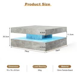 KEEPREAPER Modern Grey Square Coffee Table with Storage & LED Light - thumbnail 7