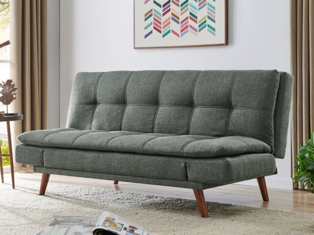 Home Detail DISCONTINUED Duncan Fabric Sofa Bed With Adjustable Armrests & Wooden Legs in Light Grey