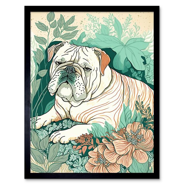 "Artery8 Wall Art Print Bulldog Lying in a Flower Field Modern Pastel Colour Linocut Art Framed in Black - Size: W12"" x H16""" - image 1