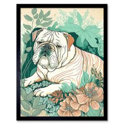 "Artery8 Wall Art Print Bulldog Lying in a Flower Field Modern Pastel Colour Linocut Art Framed in Black - Size: W12"" x H16""" - thumbnail 1