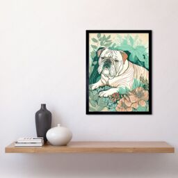 "Artery8 Wall Art Print Bulldog Lying in a Flower Field Modern Pastel Colour Linocut Art Framed in Black - Size: W12"" x H16""" - thumbnail 2