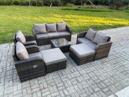 Fimous 9 Seater Outdoor Rattan Garden Furniture Set Conservatory Patio Sofa Coffee Table With 2 Big Footstool Love Sofa Dark Grey Mixed - thumbnail 1