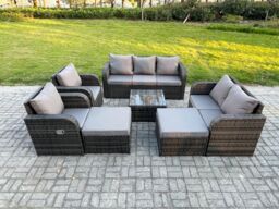 Fimous 9 Seater Outdoor Rattan Garden Furniture Set Conservatory Patio Sofa Coffee Table With 2 Big Footstool Love Sofa Dark Grey Mixed - thumbnail 2