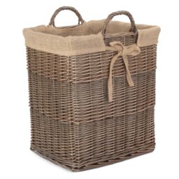 Red Hamper Wicker Rectangular Log Basket with Lining in Brown
