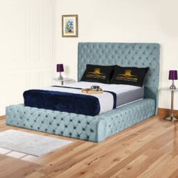 UK Bed Furniture Ambassador Ottoman Gas Lift Upholstered Bed with 54 Inch Headboard in Light Blue - Size: Small Double