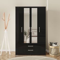 Birlea Lynx 4 Door 2 Drawer Wardrobe With Mirror in Black - thumbnail 1
