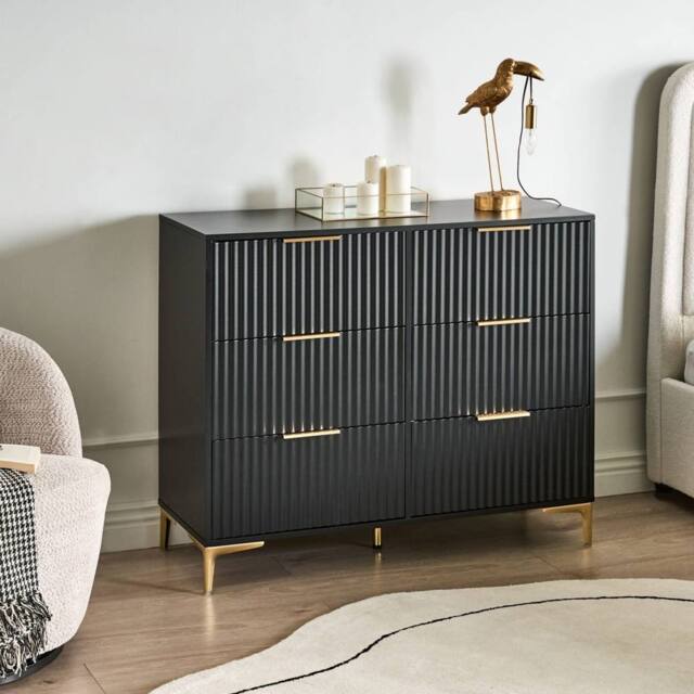 Wyld and Coco Black Six-Drawer Chest with Fluted Fronts and Gold Metal Handles - image 1