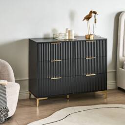 Wyld and Coco Black Six-Drawer Chest with Fluted Fronts and Gold Metal Handles