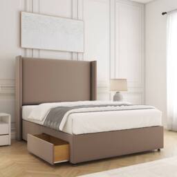"BSSPOKE Austin Divan Bed Set Plush Velvet 2 Drawers 54"" Headboard & Mattress in Taupe - Size: Super King" - thumbnail 1
