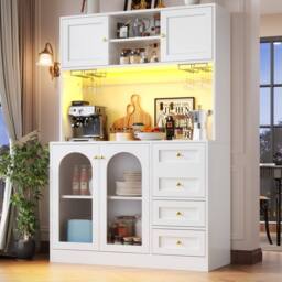 Rolipo White Farmhouse Sideboard Kitchen Cabinet with LED & Glass Doors - thumbnail 3