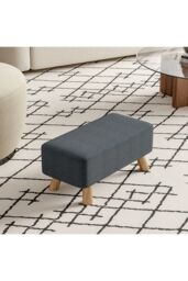 Dark Grey Tofu-shaped Linen Footrest with Solid Wooden Legs - thumbnail 2