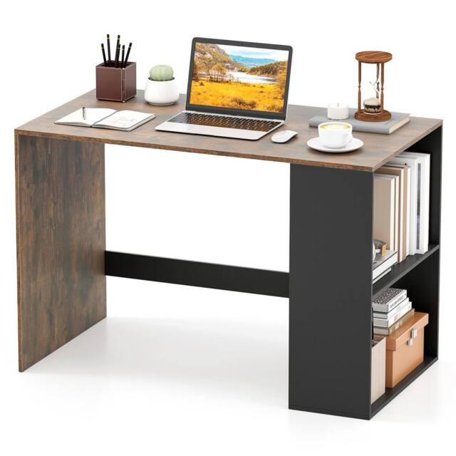 Gymax Wooden Office Desk Writing Desk with Storage 2 Open Shelves Legroom in Brown - image 1