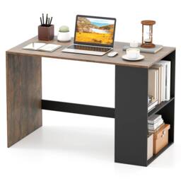 Gymax Wooden Office Desk Writing Desk with Storage 2 Open Shelves Legroom in Brown - thumbnail 1