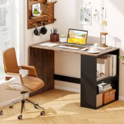 Gymax Wooden Office Desk Writing Desk with Storage 2 Open Shelves Legroom in Brown - thumbnail 3