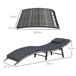 OUTSUNNY Folding Rattan Sun Lounger Outdoor Chair with Cushion & Pillow in Grey - thumbnail 3