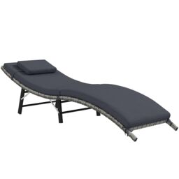 OUTSUNNY Folding Rattan Sun Lounger Outdoor Chair with Cushion & Pillow in Grey - thumbnail 2