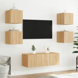 Berkfield Home TV Wall Cabinets with LED Lights 2 pcs Sonoma Oak 30.5x35x30 cm in Light Tan - thumbnail 5