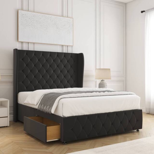 "BSSPOKE Faye Velvet Divan Bed 54"" Headboard & 2 Drawers Footend & No Mattress in Black - Size: Small Double" - image 1