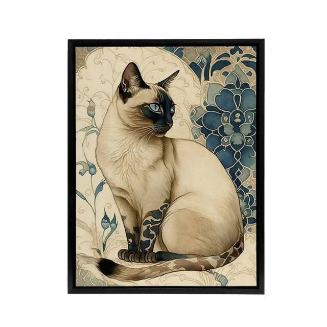 "Artery8 Siamese Cat Floral Art Nouveau Framed Canvas Wall Art Print - Size: W12"" x H16""" - image 1