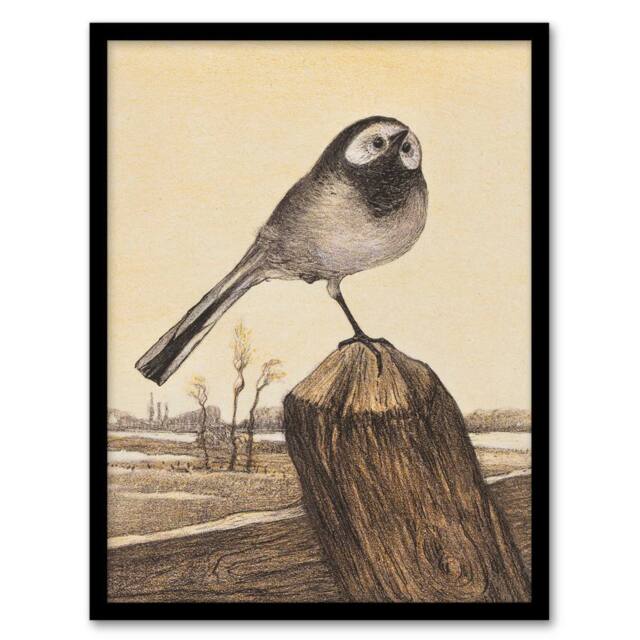 Artery8 Theo van Hoytema Framed Wall Art Print Wagtail Bird Perched on Pole in Brown - Size: A4 - image 1